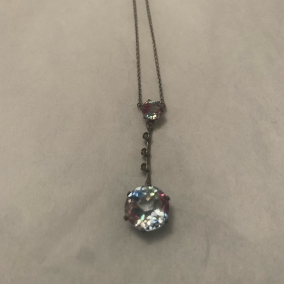 Sterling Silver Necklace with Ornate Colorfull Glass Pendant 16” 2 Piece Chain - Picture 2 of 4